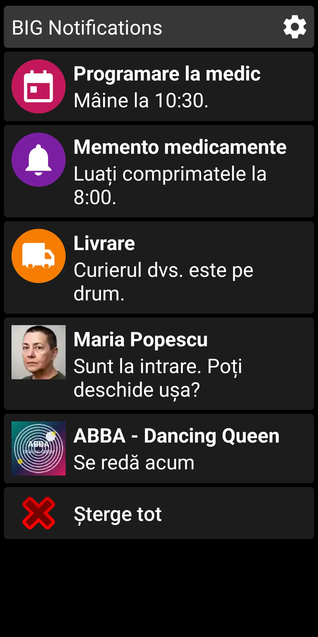 Lista BIG Notifications afișând notificările Android mărite