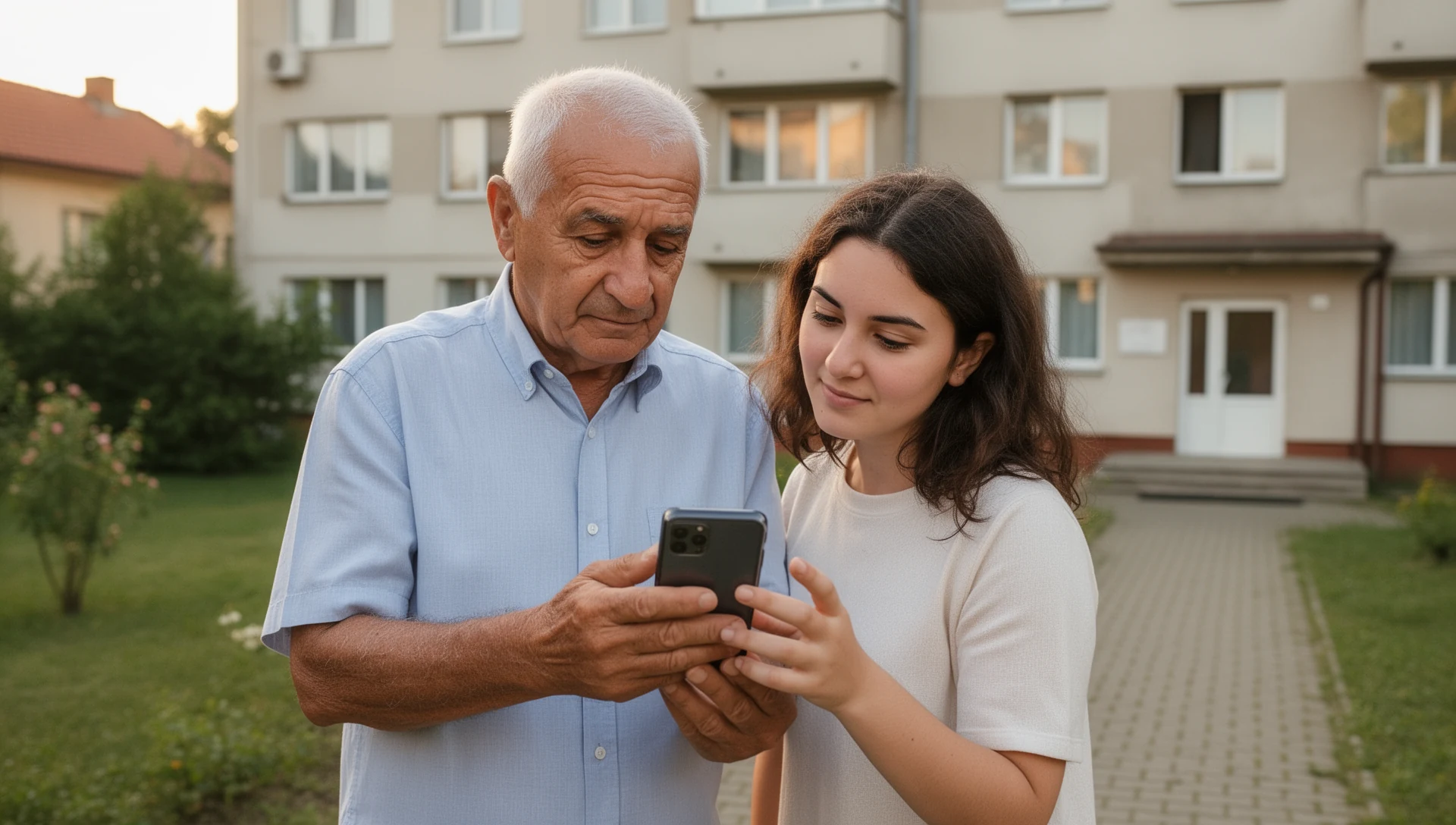 Bărbat în vârstă verificând un telefon cu Android împreună cu fiul său adult lângă o seră comunitară