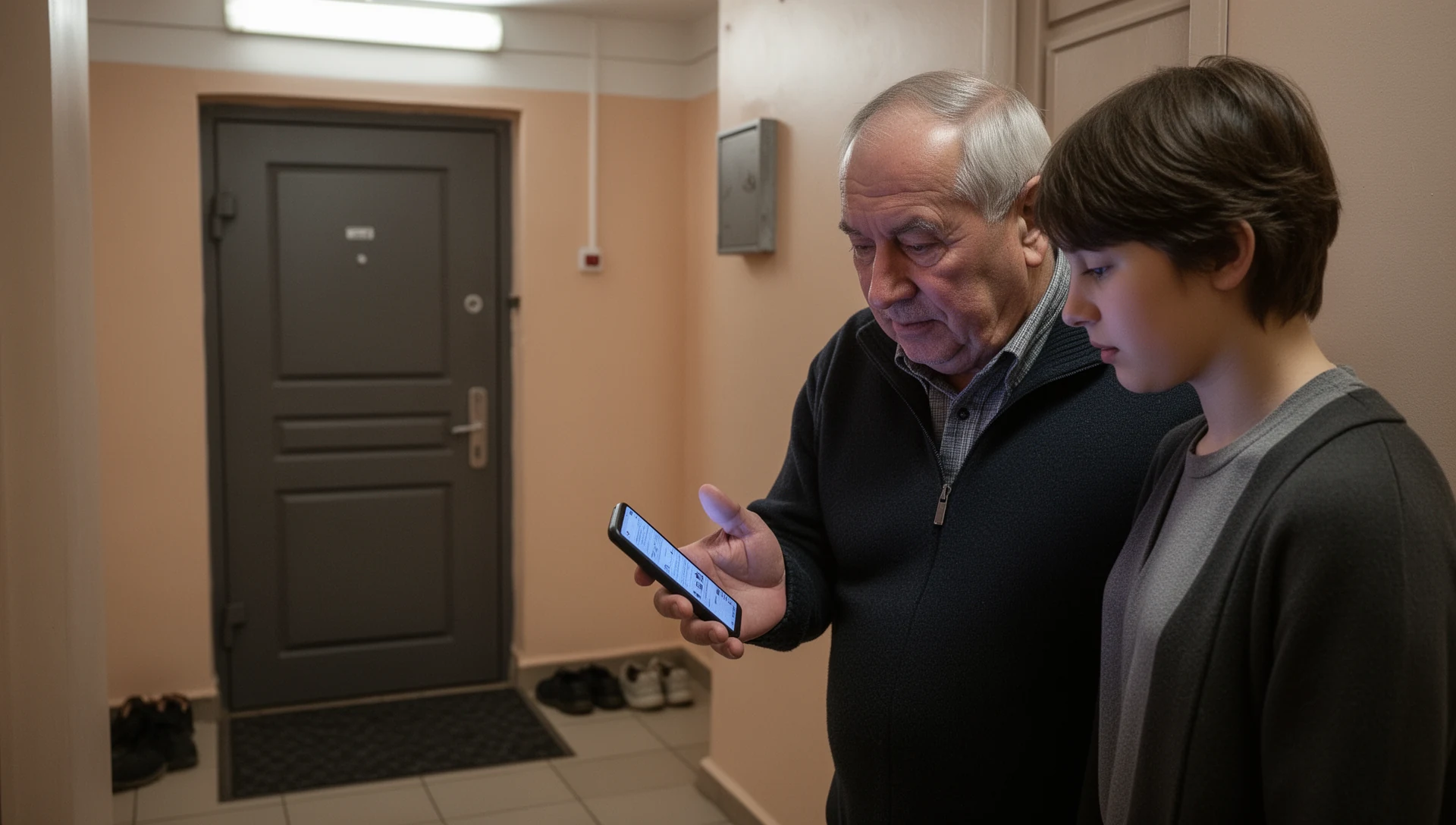 Пожилой мужчина проверяет Android-смартфон вместе со взрослым сыном возле общественной теплицы