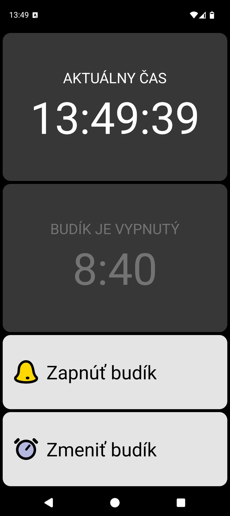 Obrazovka aplikácie BIG Alarm s veľkým zobrazením času a veľkými ovládacími prvkami