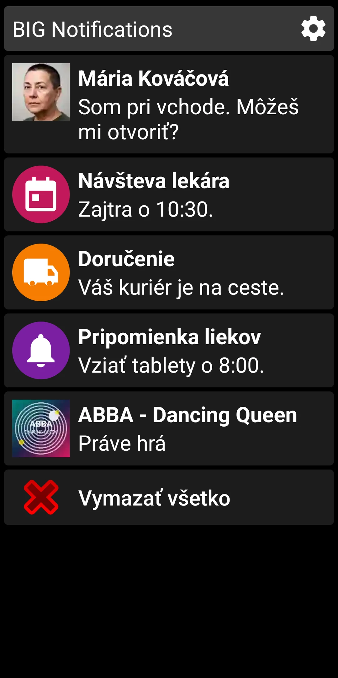 Zoznam BIG Notifications so zväčšenými upozorneniami systému Android