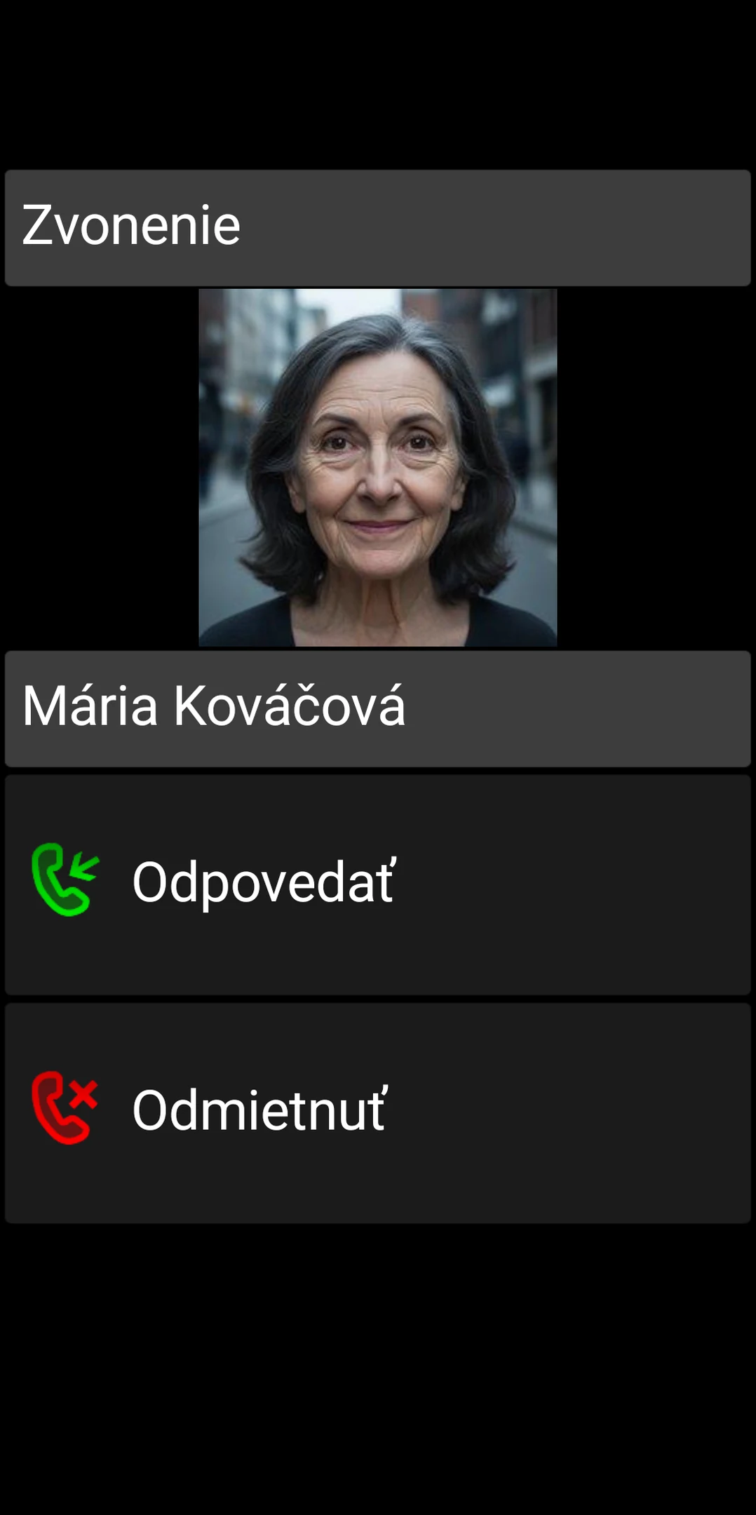 Obrazovka prichádzajúceho hovoru v aplikácii BIG Phone s veľkými tlačidlami Prijať a Odmietnuť