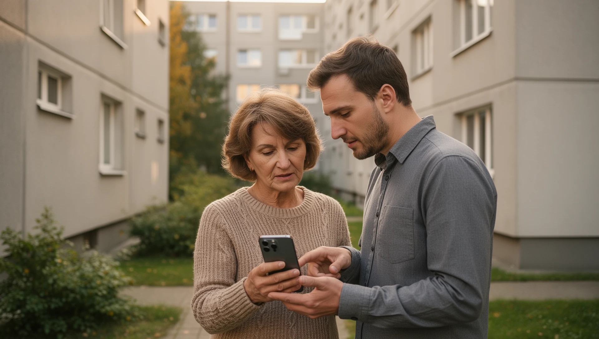 Starší muž si skúša telefón s Androidom so svojím dospelým synom pri komunitnom skleníku
