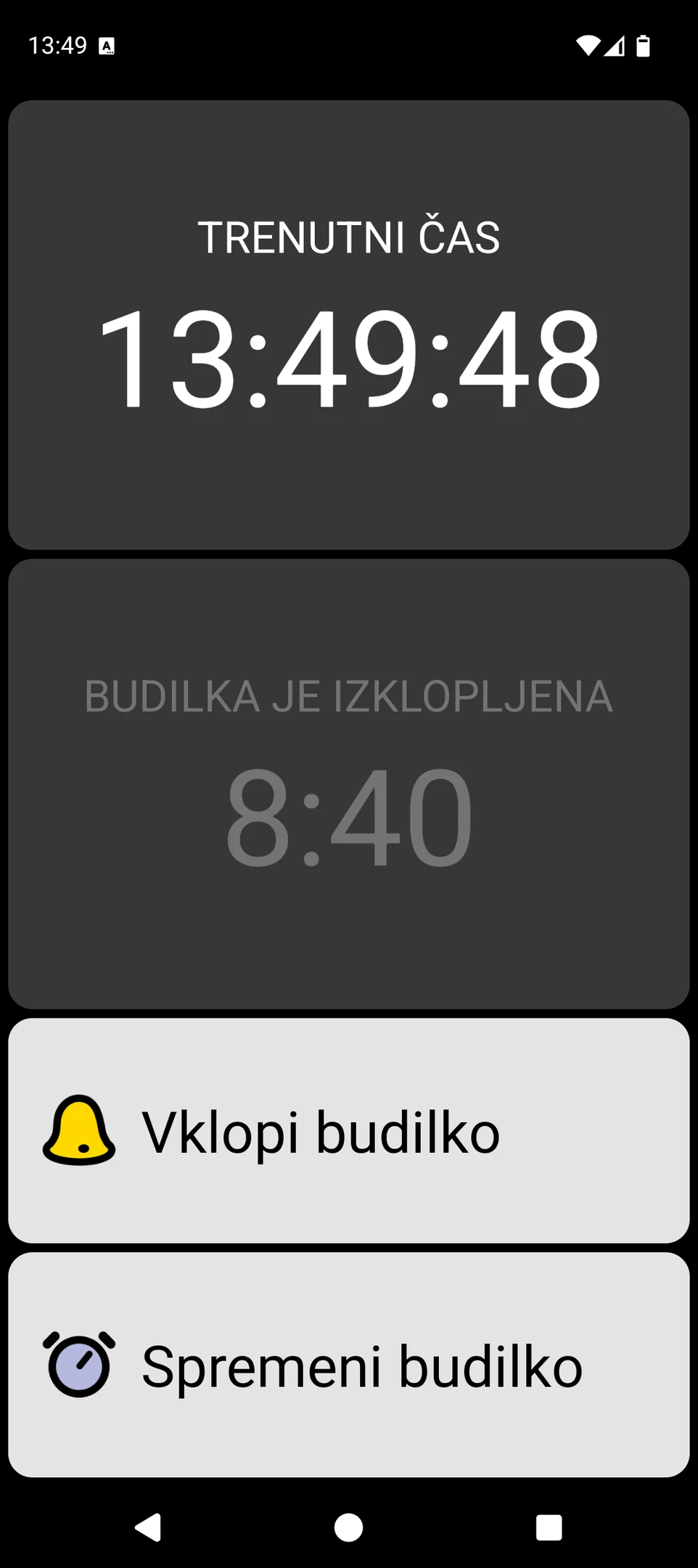 Zaslon BIG Alarm z velikim prikazom časa in velikimi gumbi za upravljanje