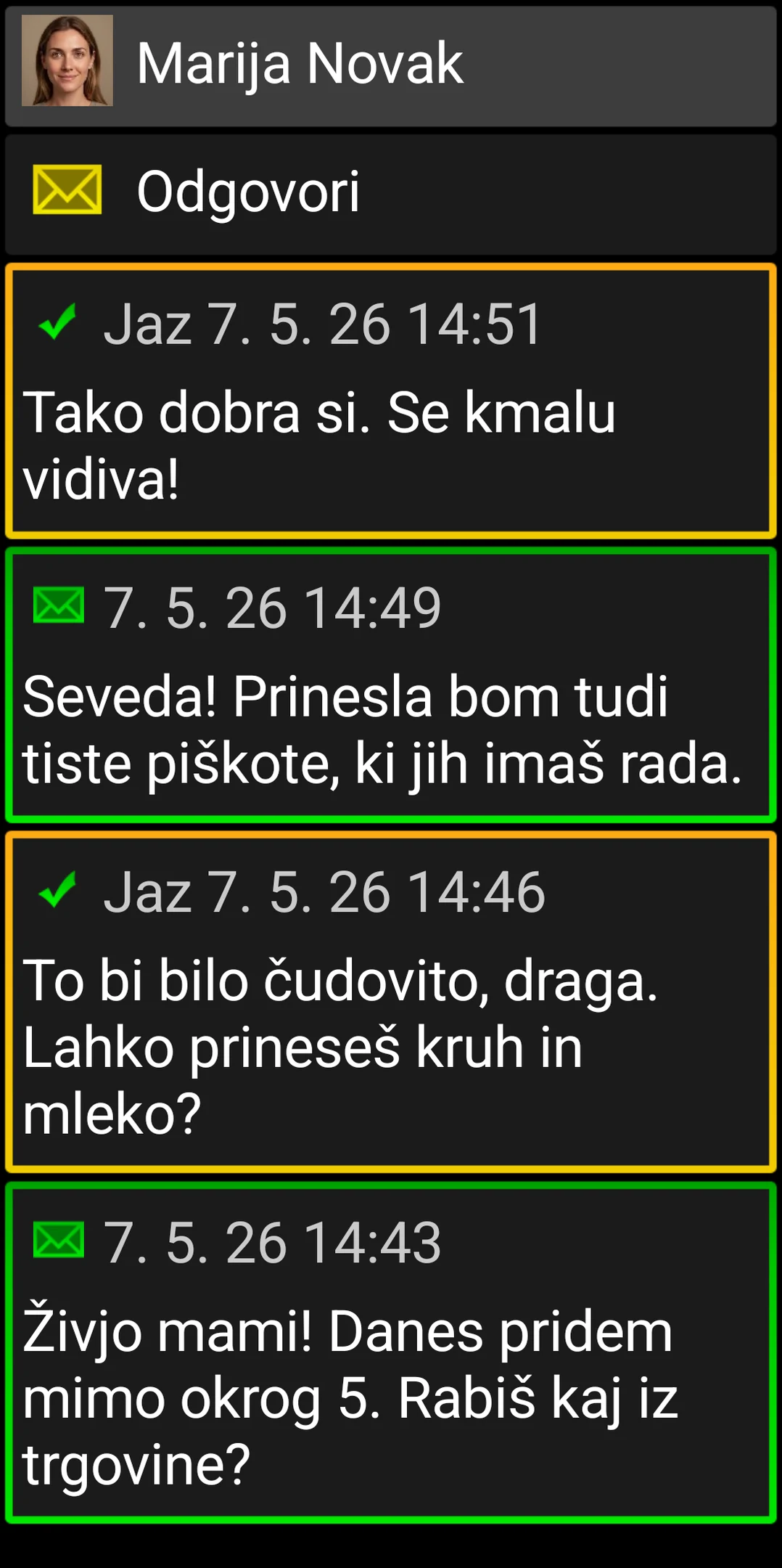 Pogovor v BIG SMS z velikimi, visokokontrastnimi karticami sporočil