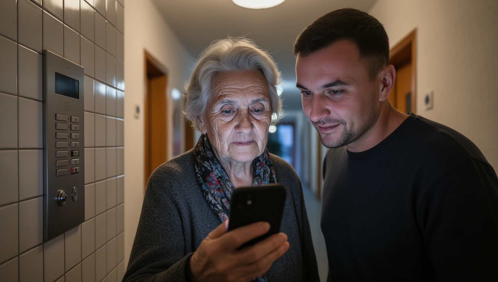Starejši moški z odraslim sinom preverja telefon Android ob rastlinjaku