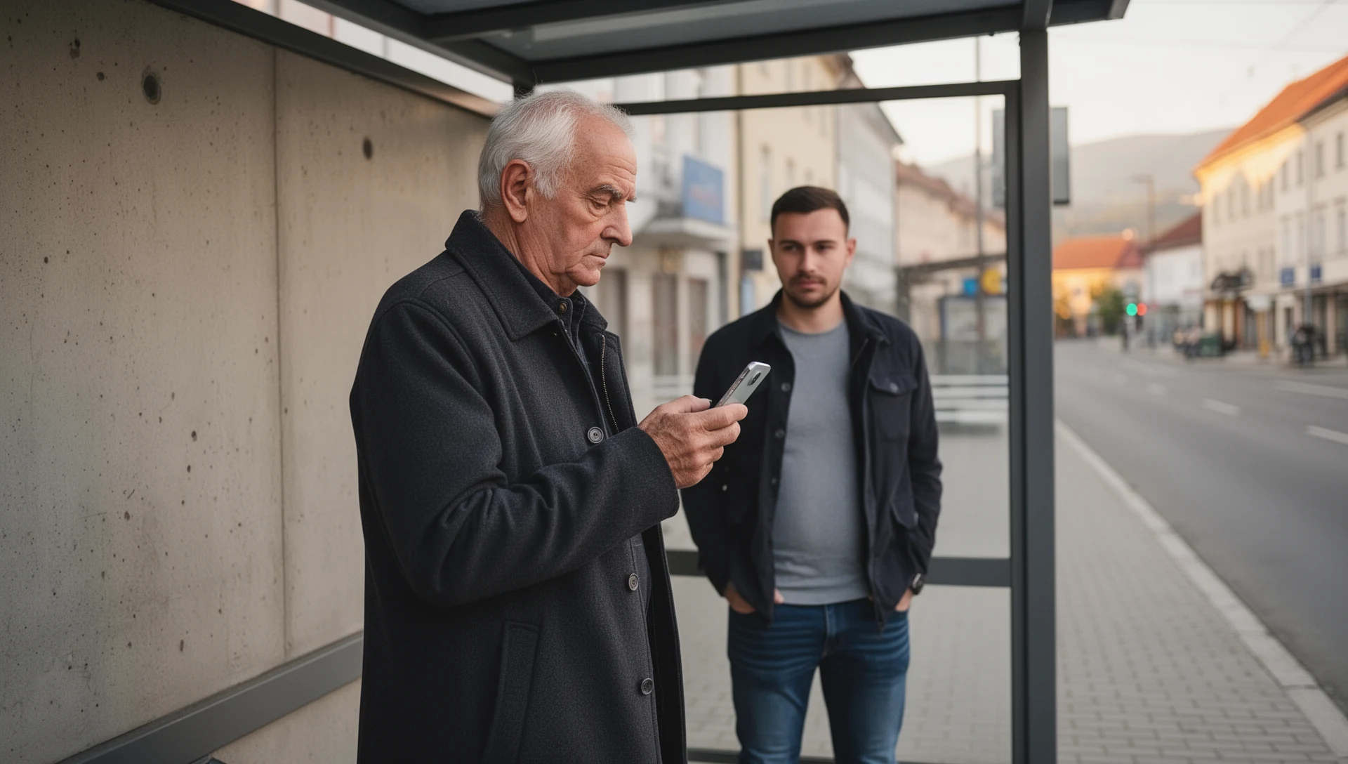 Starejši moški samostojno preizkuša pametni telefon med čakanjem na avtobusni postaji