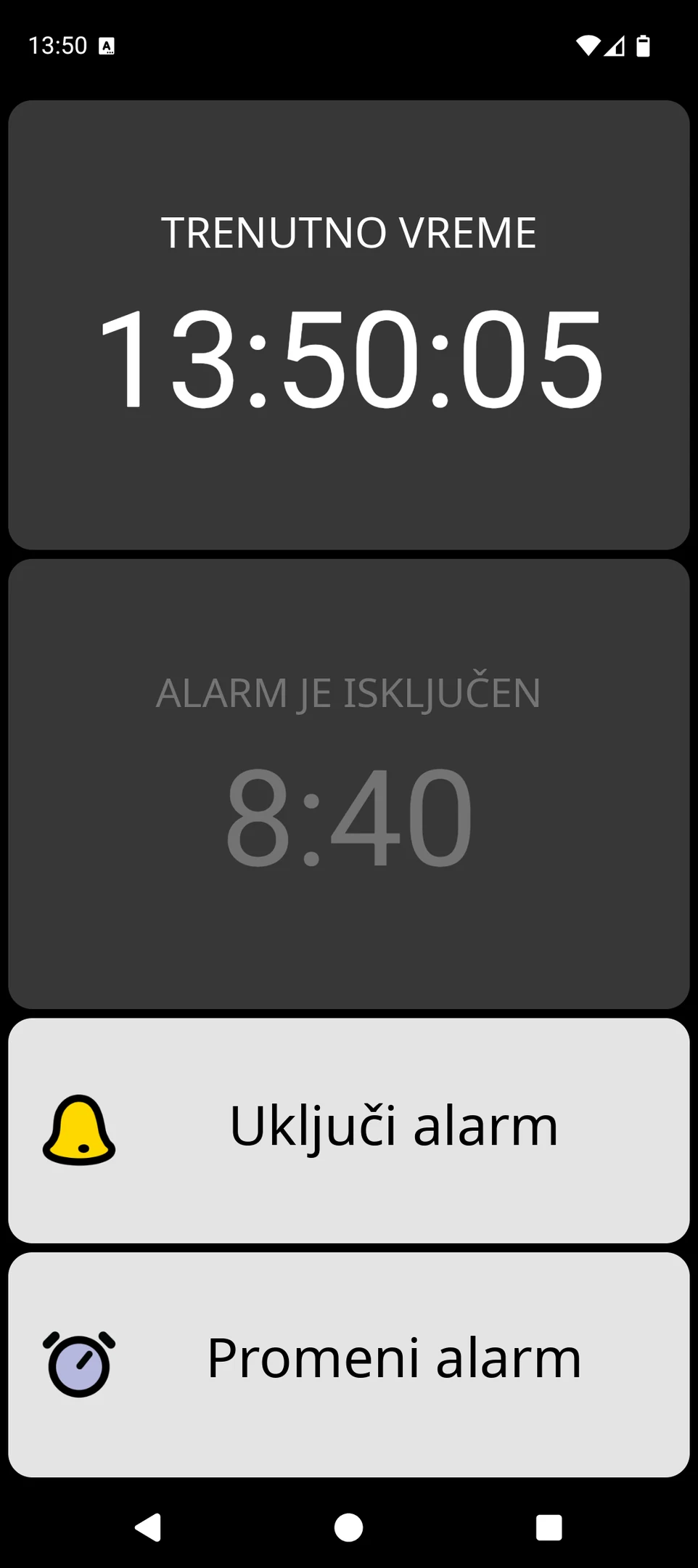 Ekran aplikacije BIG Alarm sa velikim prikazom trenutnog vremena i velikim kontrolama alarma