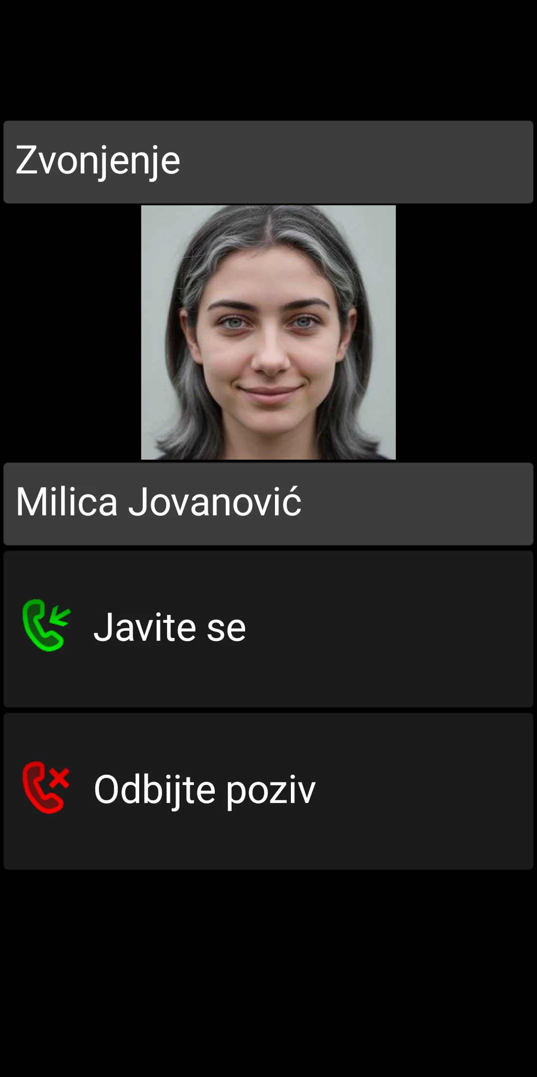 Ekran dolaznog poziva aplikacije BIG Phone sa velikim kontrolama za javljanje i odbijanje