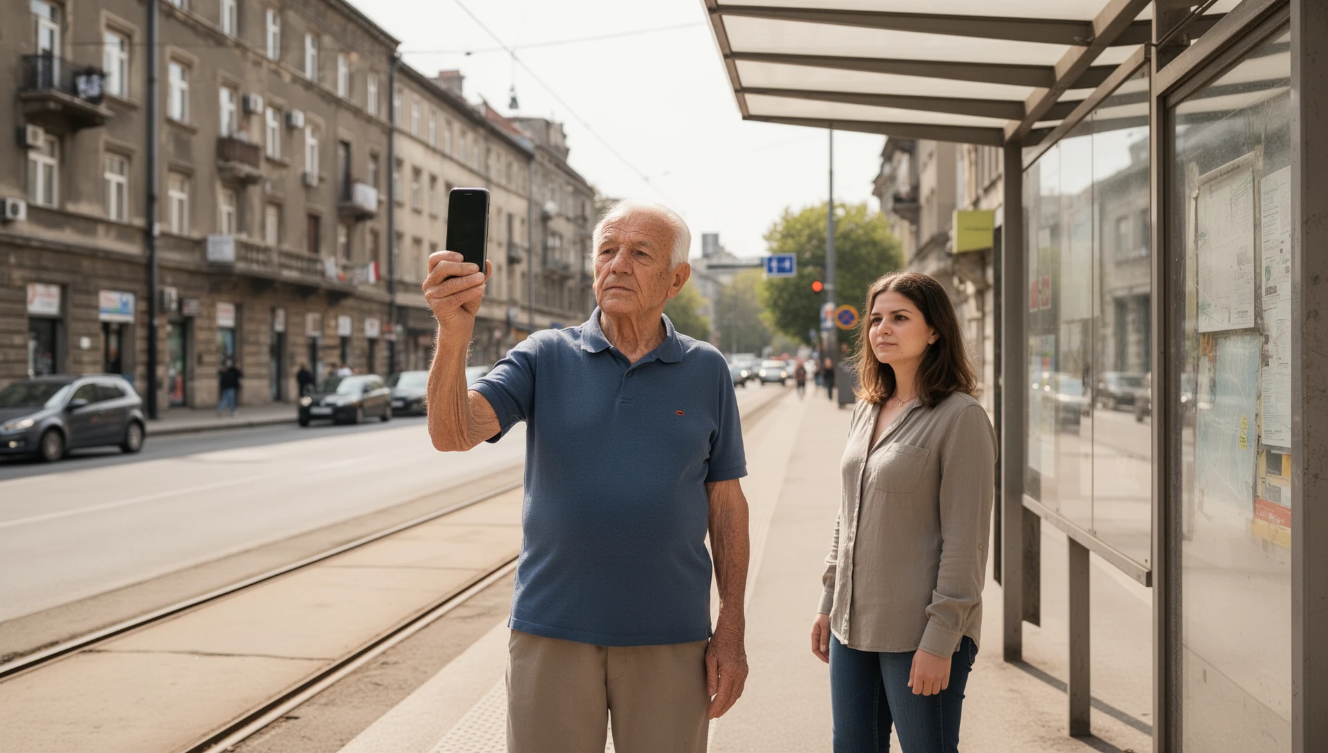 Stariji muškarac samostalno testira pametni telefon dok čeka na autobuskoj stanici