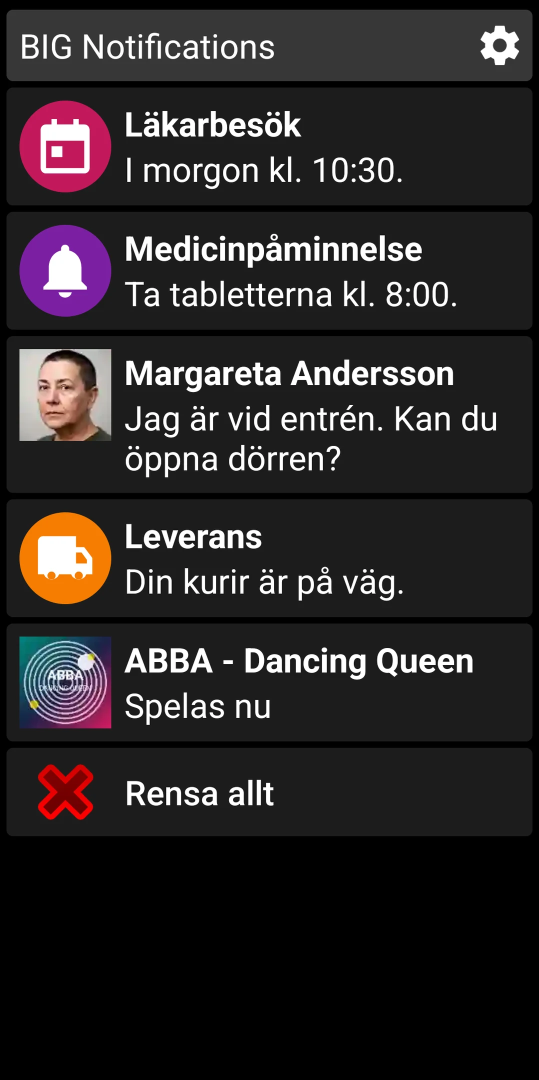 BIG Notifications-lista som visar förstorade Android-aviseringar
