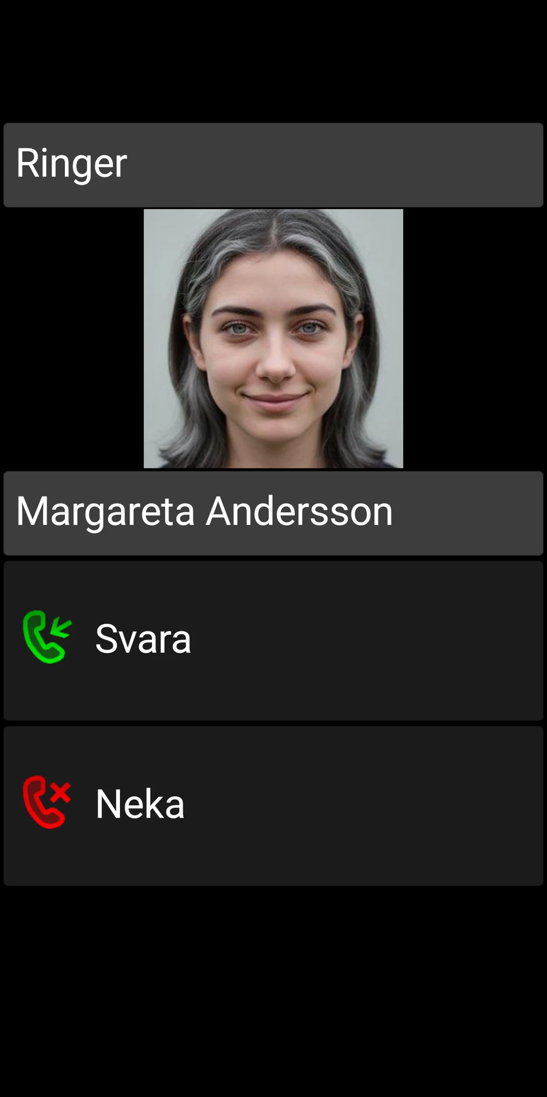 BIG Phones skärm för inkommande samtal med stora knappar för att svara och avvisa
