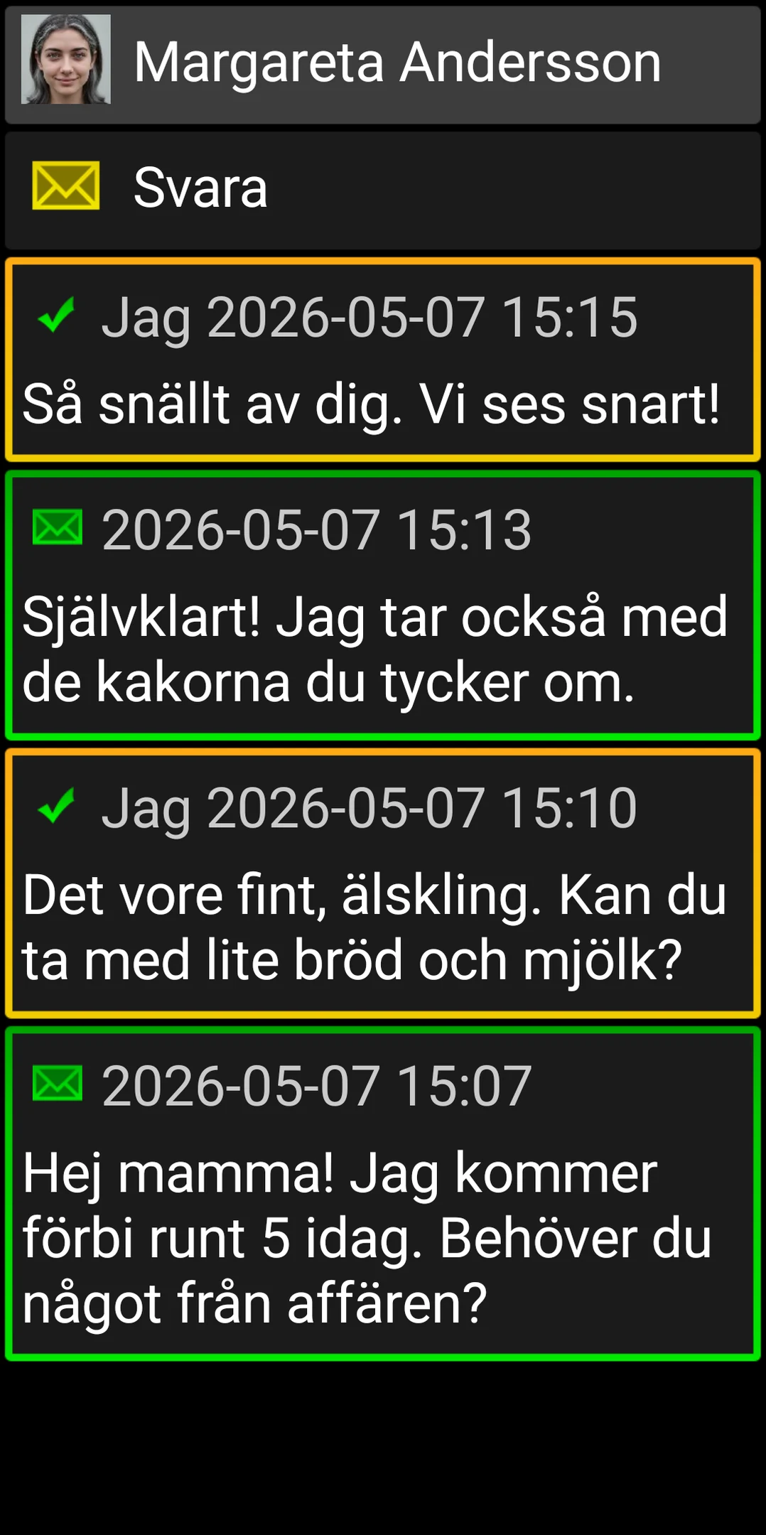 BIG SMS-konversation med stora meddelandekort i hög kontrast