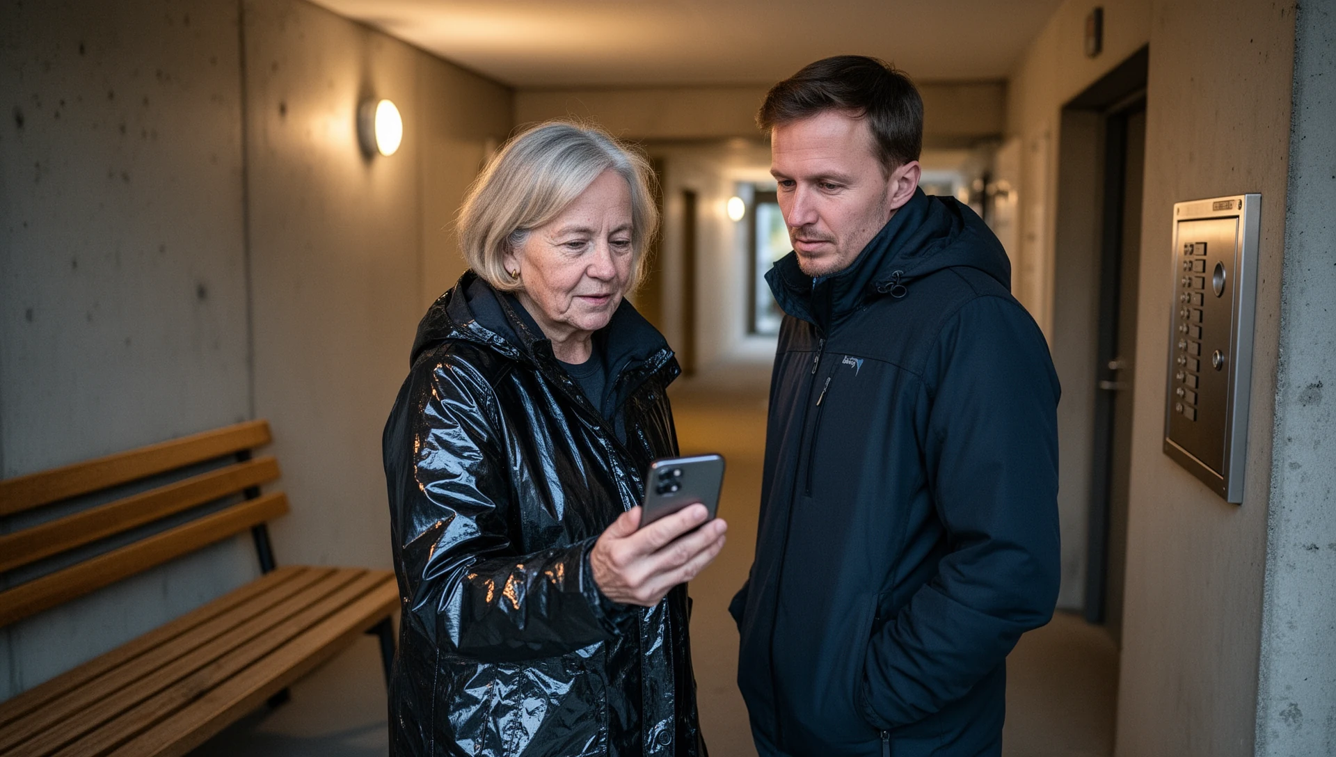 Äldre man testar en Android-telefon tillsammans med sin vuxna son vid ett växthus