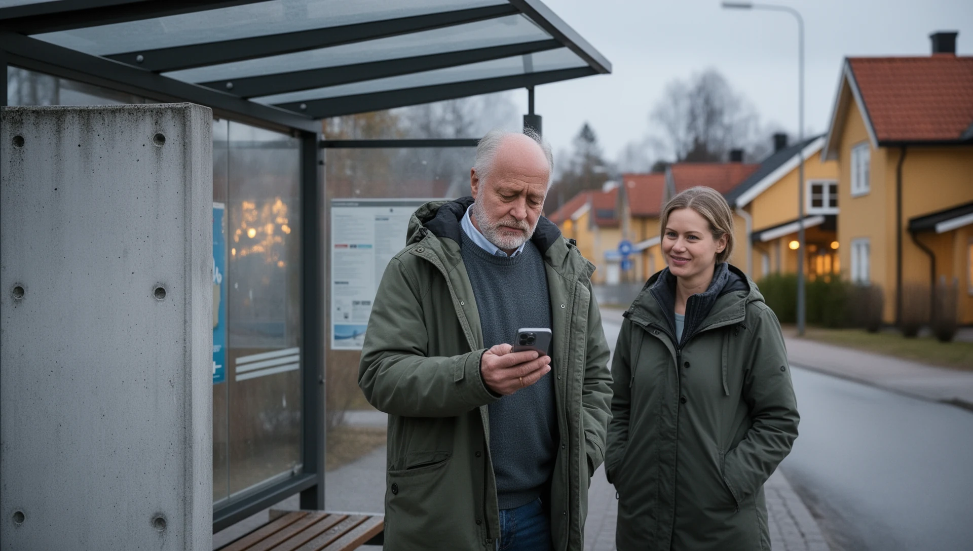 Äldre man testar en mobiltelefon på egen hand medan han väntar på bussen