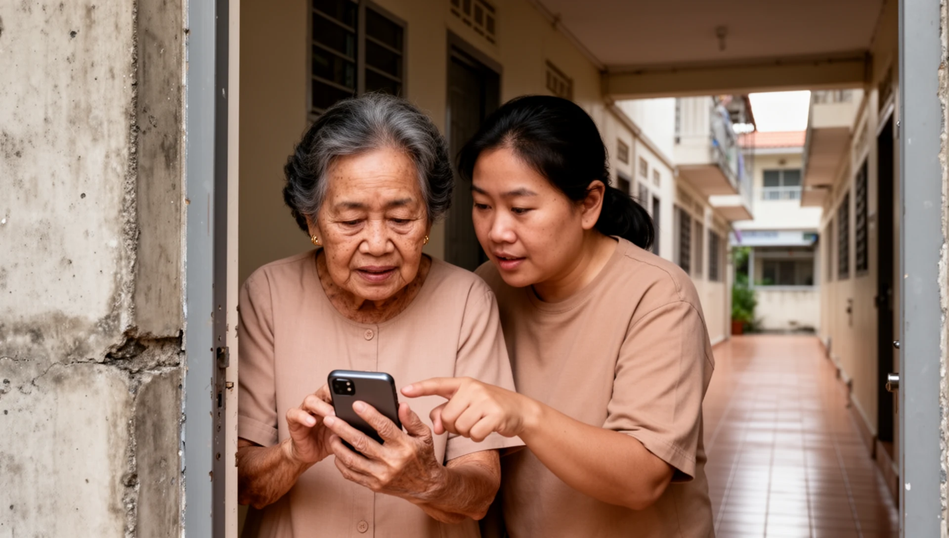 ชายสูงอายุกำลังตรวจสอบโทรศัพท์ Android โดยมีลูกชายคอยช่วยดูอยู่ข้างๆ