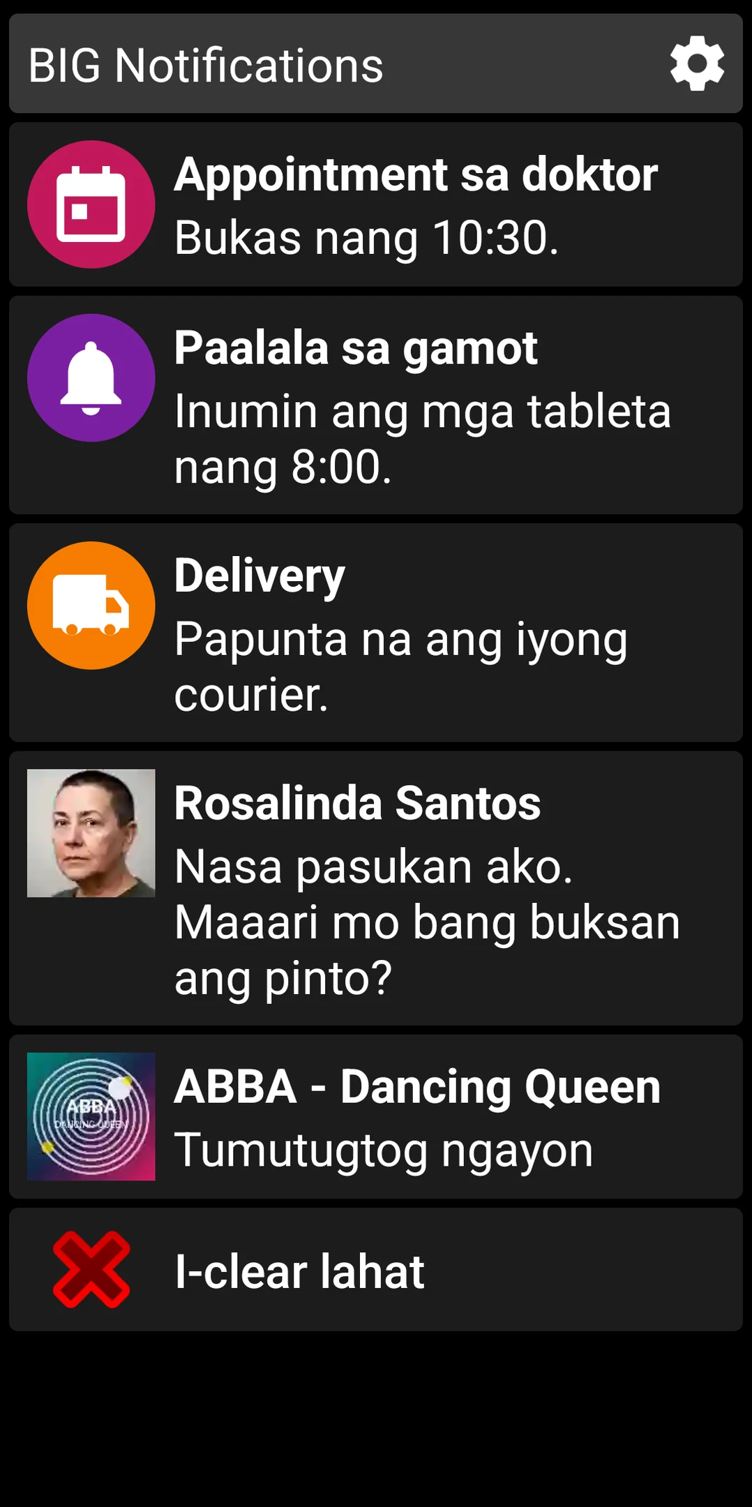 Listahan ng BIG Notifications na nagpapakita ng mga pinalaking Android notification