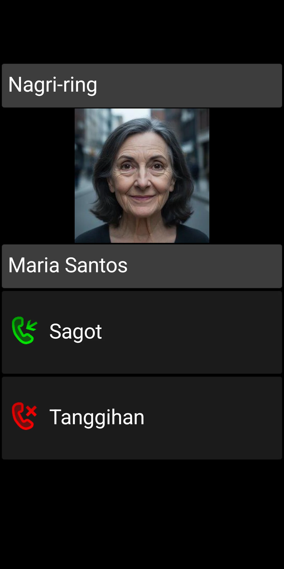 Incoming call screen ng BIG Phone na may malalaking Answer at Reject button