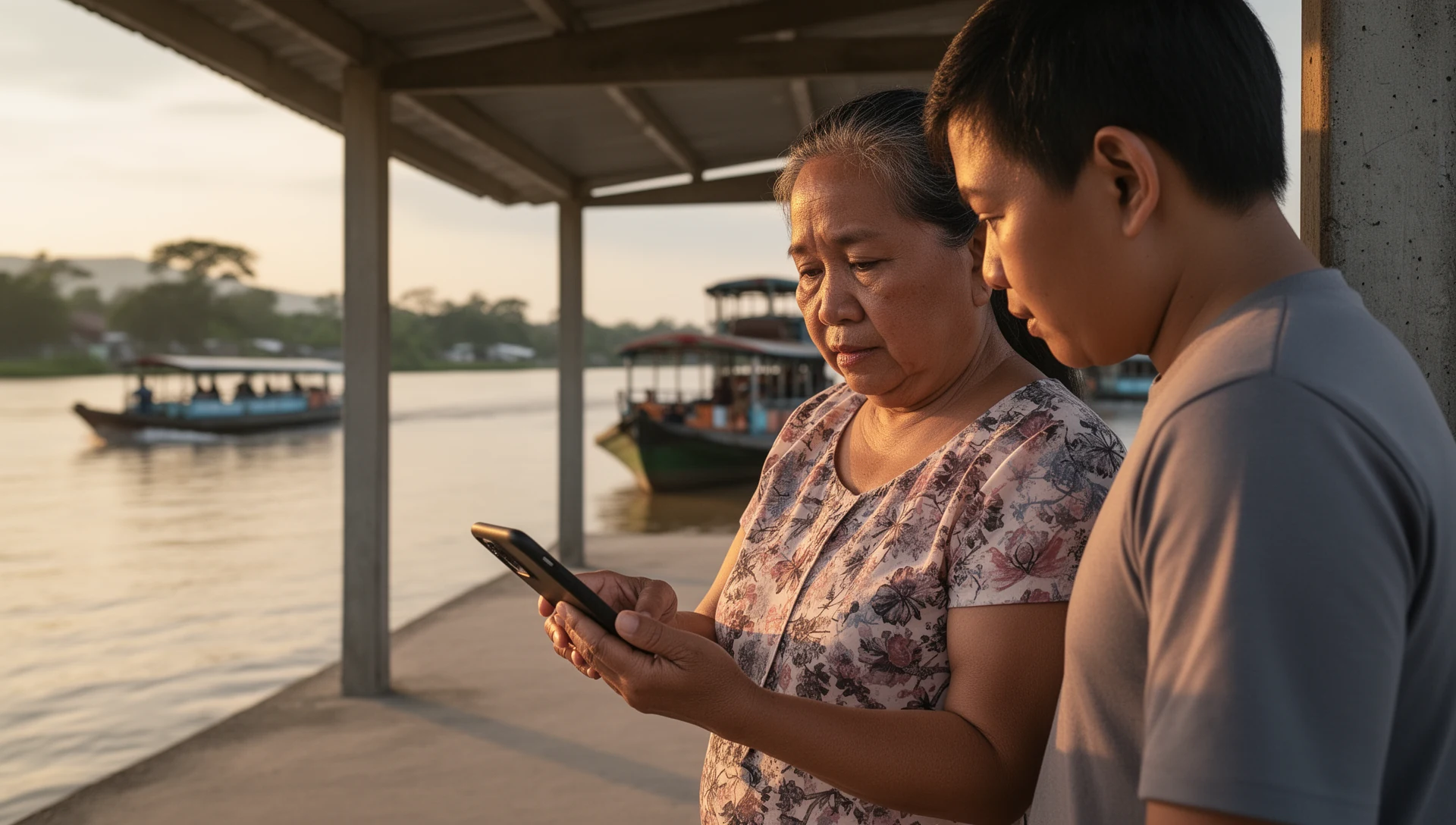 Nakatatandang lalaking sinusuri ang Android phone kasama ang kanyang anak na lalaki sa tabi ng community greenhouse