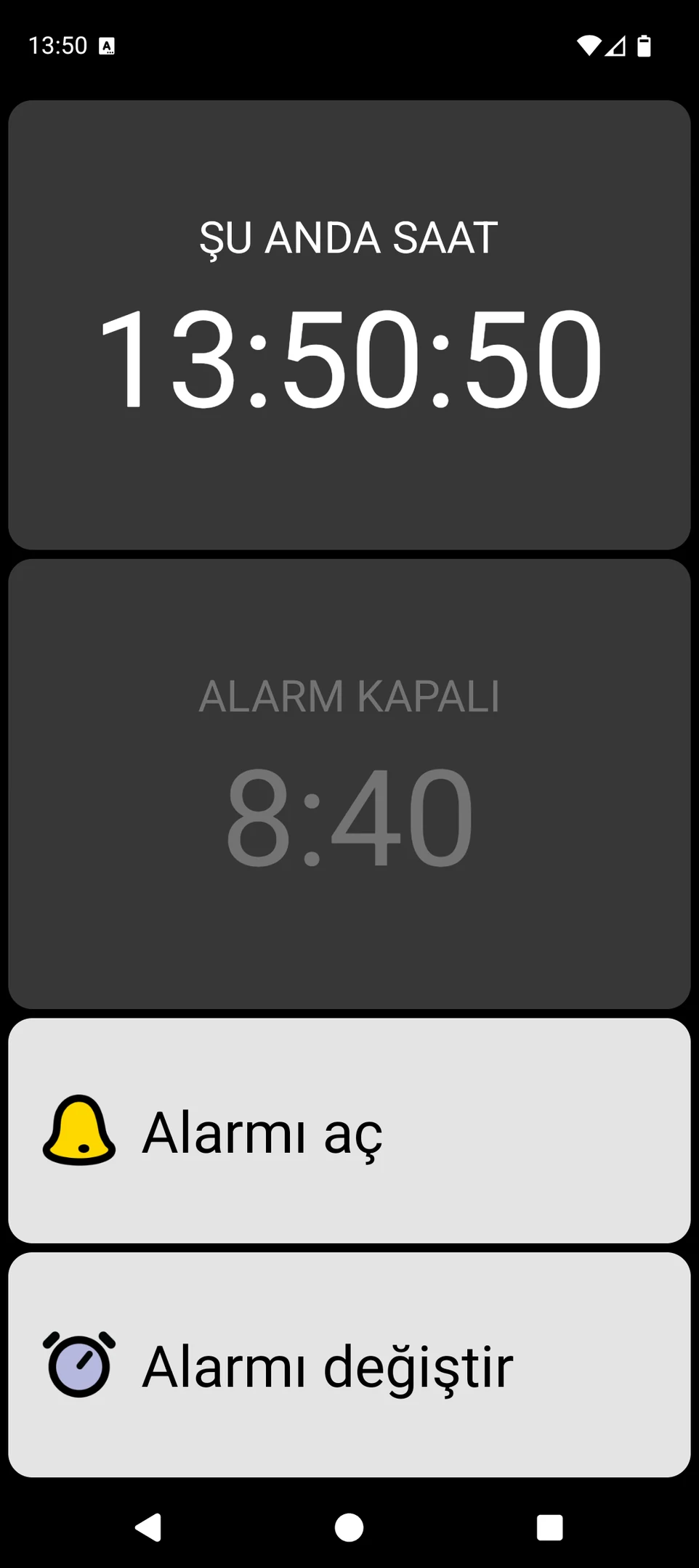 Büyük saat ve büyük alarm kontrollerine sahip BIG Alarm ekranı