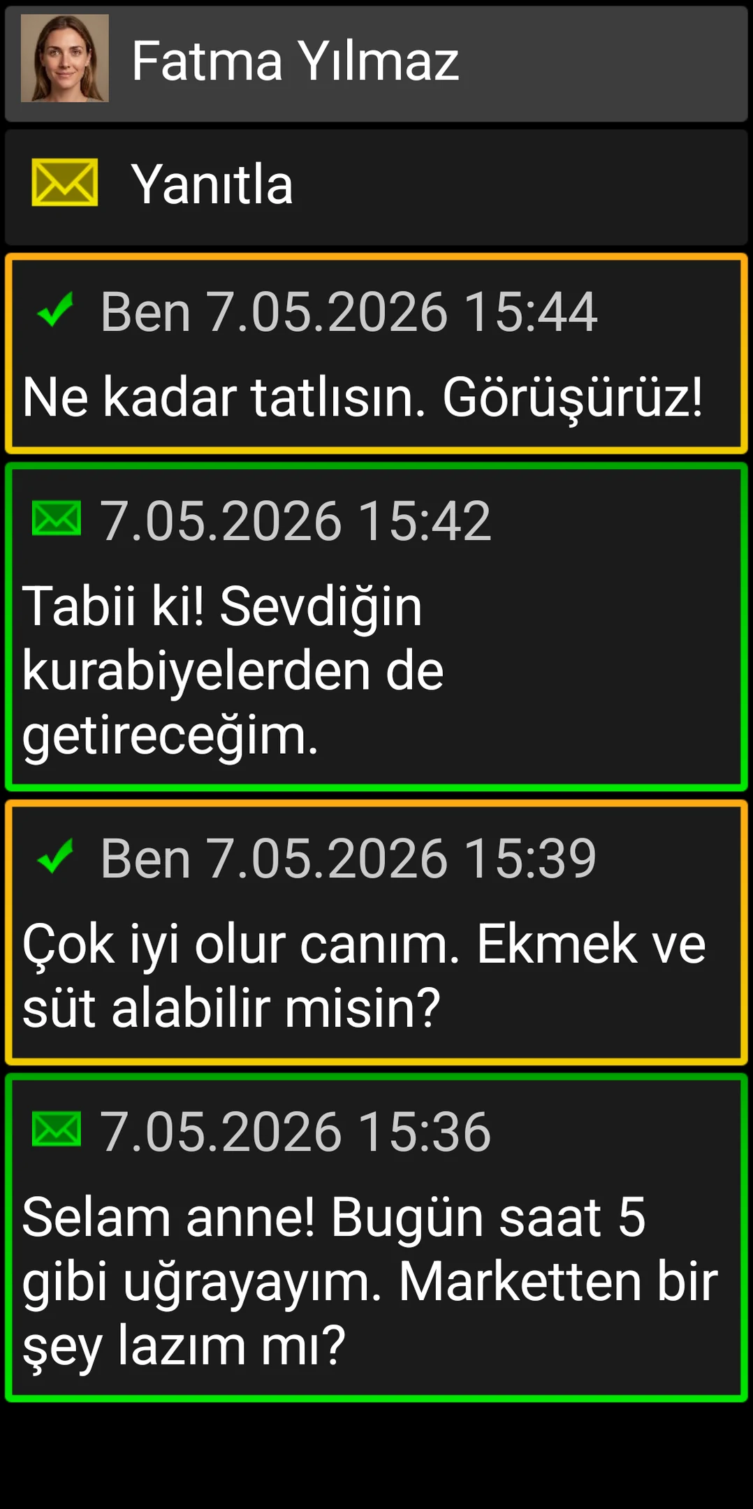 Büyük ve yüksek kontrastlı mesaj kartlarına sahip BIG SMS sohbeti