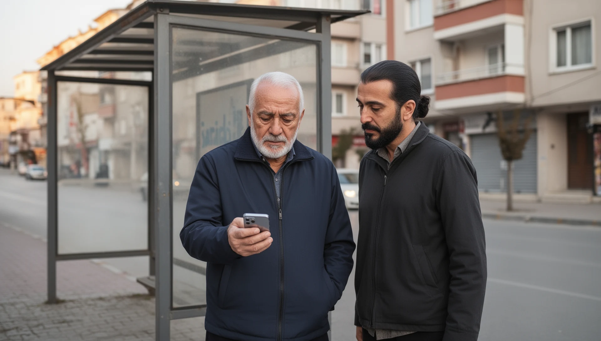 Otobüs durağında beklerken akıllı telefonunu tek başına test eden yaşlı adam