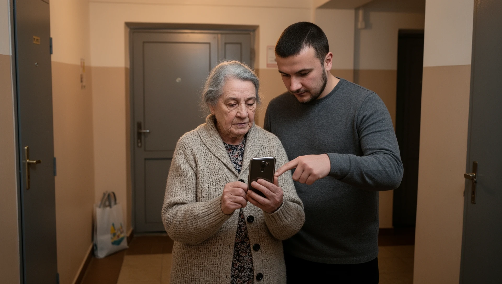 Літній чоловік перевіряє смартфон на Android разом із дорослим сином біля громадської теплиці