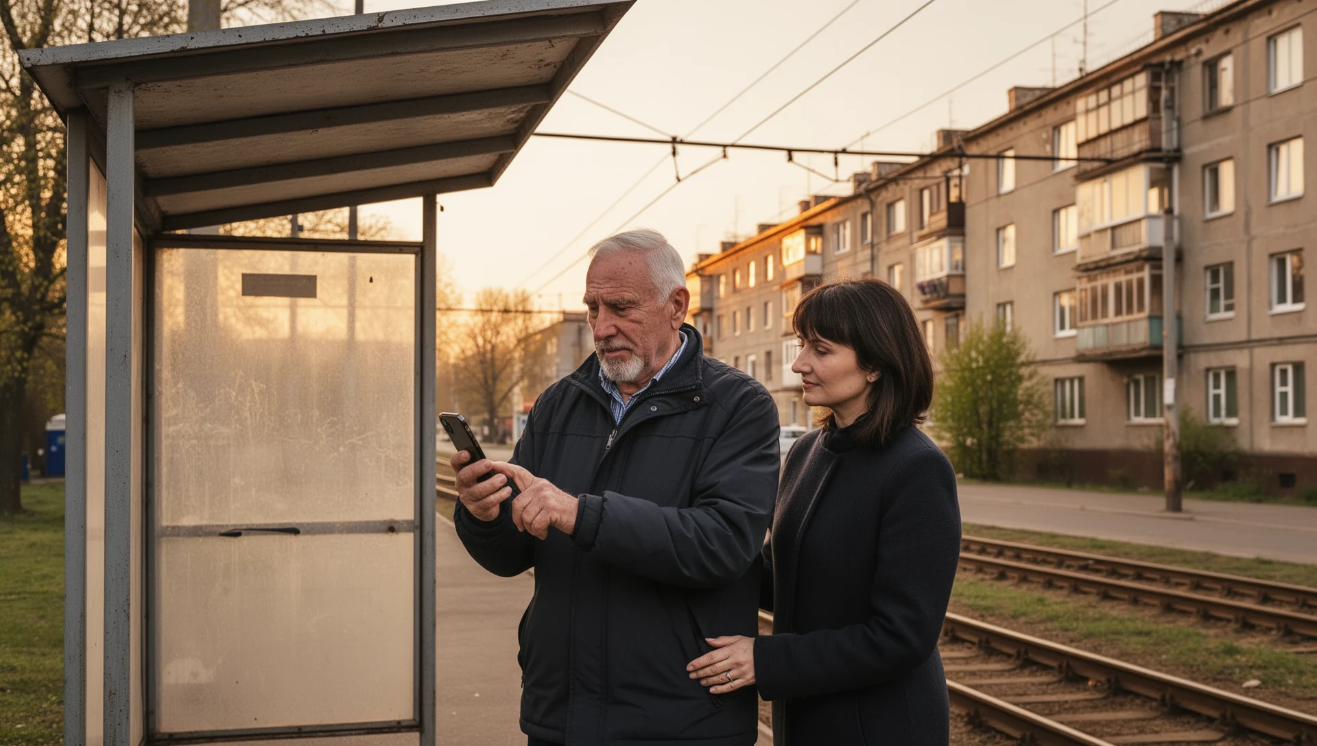 Літній чоловік самостійно тестує смартфон, чекаючи на автобусній зупинці