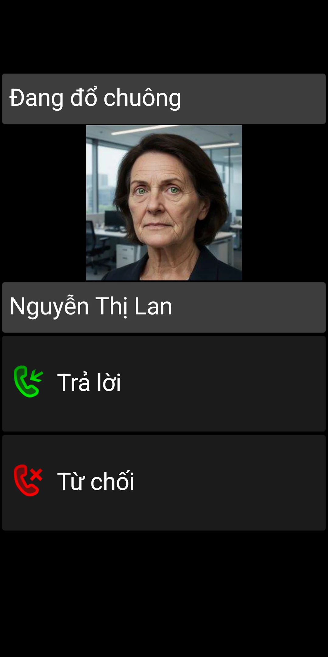 Màn hình cuộc gọi đến của BIG Phone với các nút Trả lời và Từ chối lớn