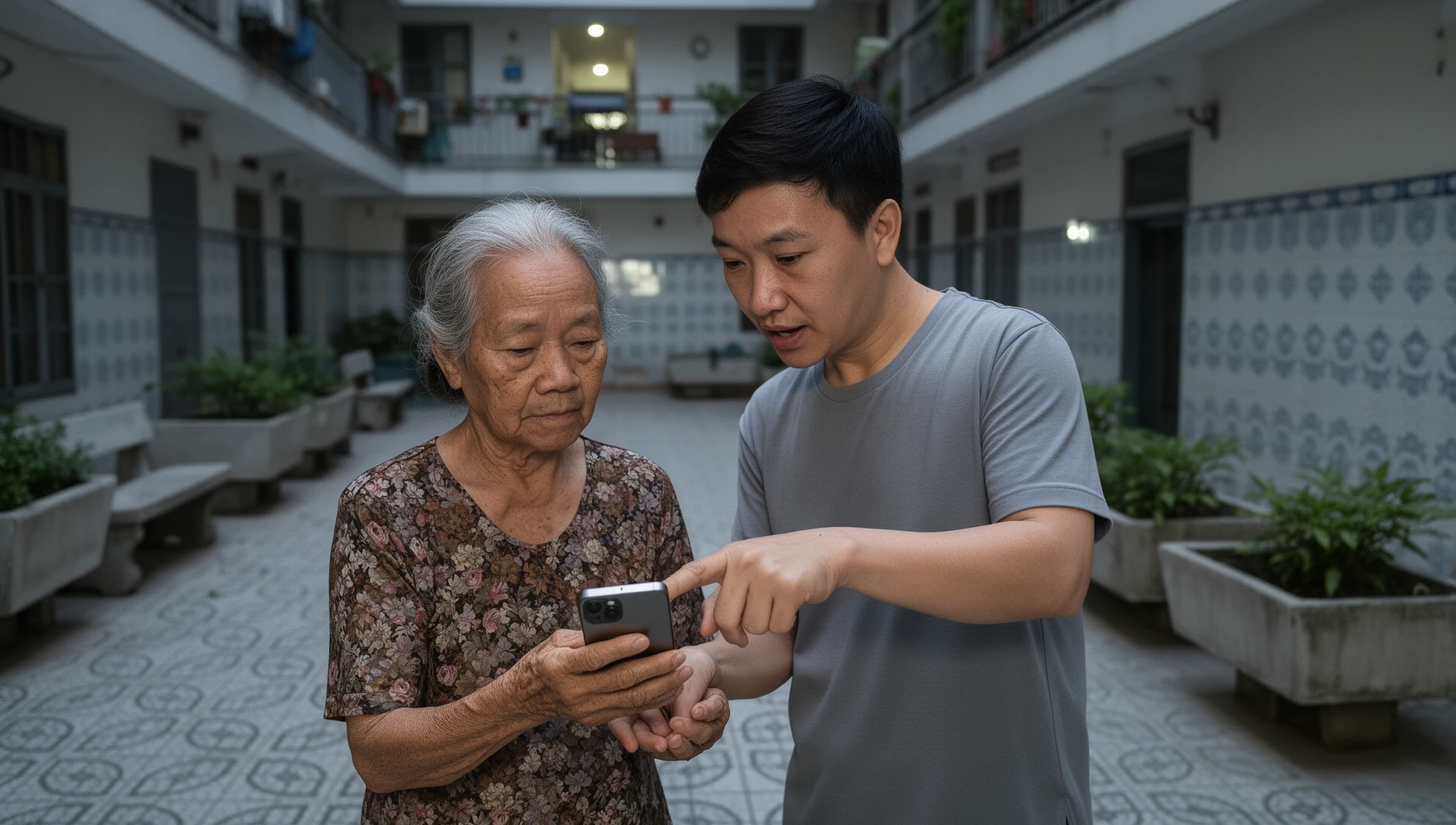 Người đàn ông lớn tuổi kiểm tra điện thoại Android cùng con trai trưởng thành bên cạnh nhà kính cộng đồng