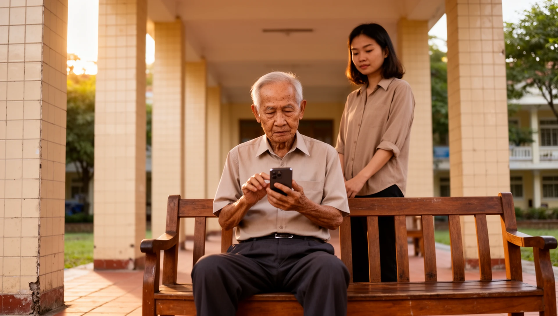 Người đàn ông lớn tuổi tự kiểm tra điện thoại thông minh trong khi chờ ở trạm xe buýt