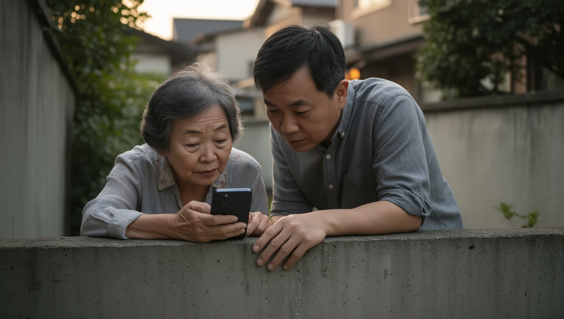 在社區溫室旁與成年兒子一起檢查 Android 手機的年長男性