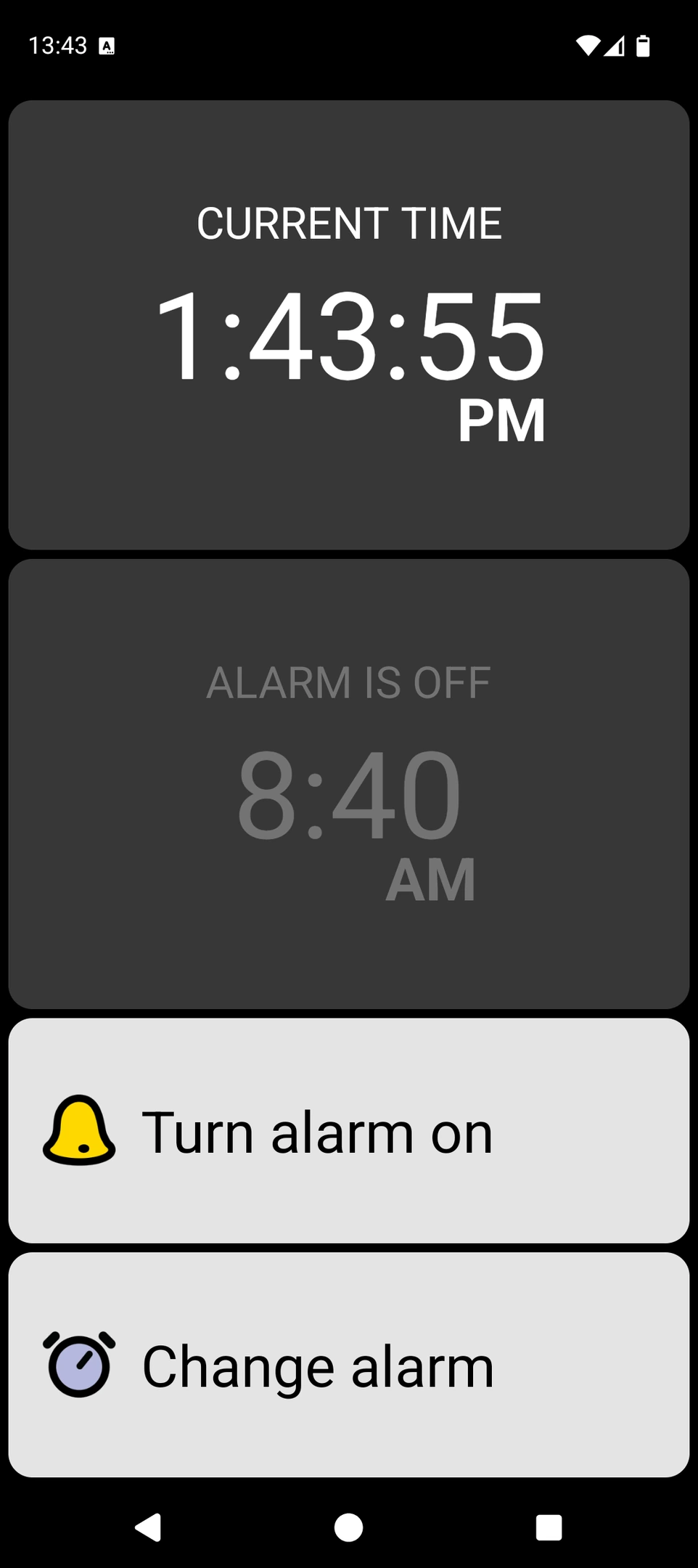 BIG Alarm screen with a large current time and large alarm controls