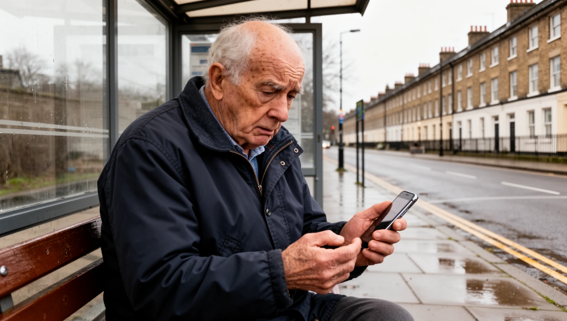 Older man independently testing one smartphone while waiting at a bus stop